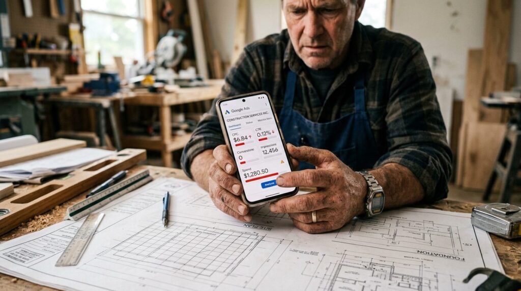 Close-up of a skilled tradesmans hands holding a smartphone