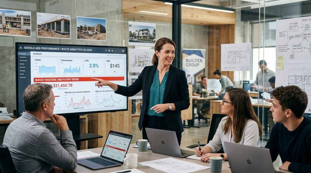 Modern construction company office with a professional team