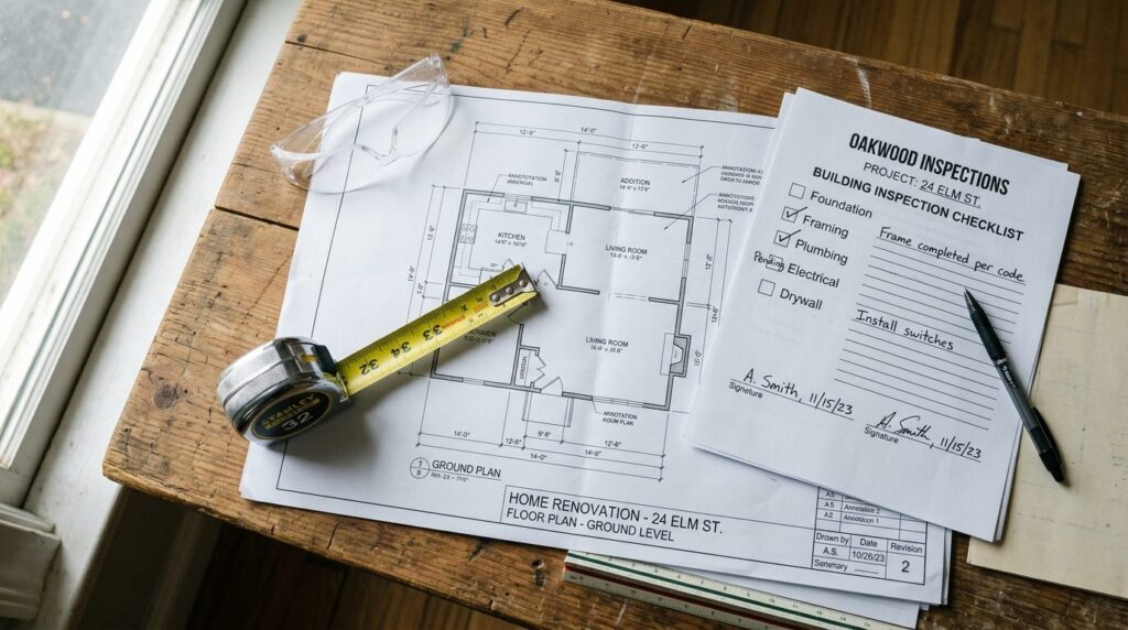 Close-up overhead view of construction project blueprint and