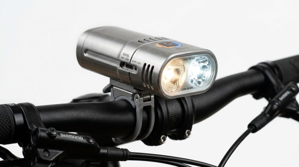 Close-up macro shot of a sleek LED bicycle headlight with br