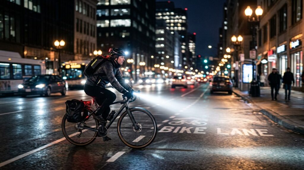 Nighttime urban cycling scene showing a cyclist riding on a