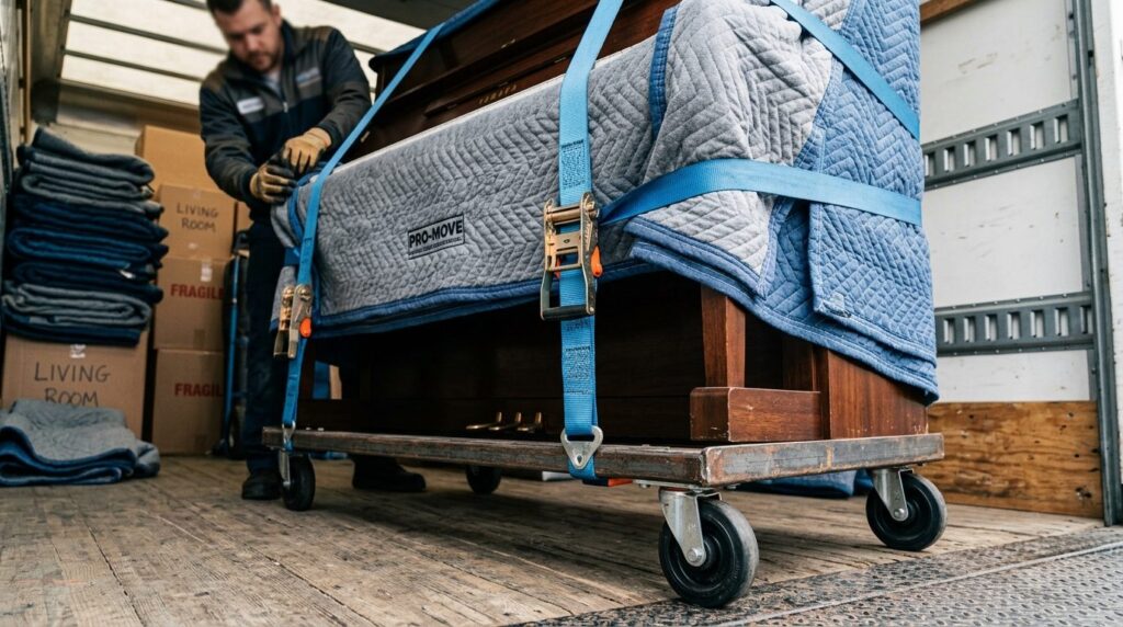 Close-up of professional moving equipment including reinforc