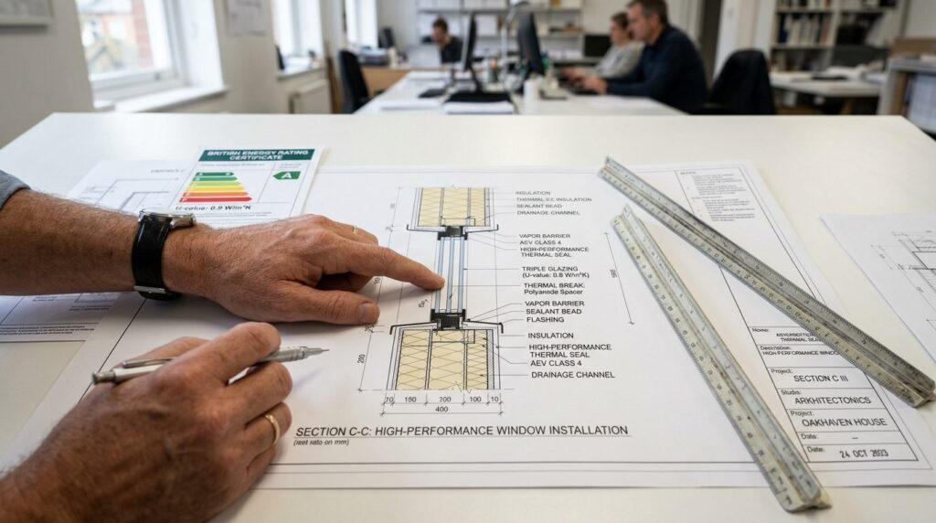 Close-up detail of architects hands pointing at technical c
