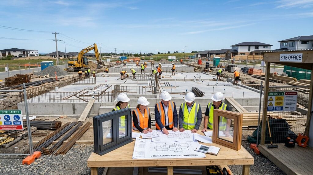 Wide shot of modern residential construction site at foundat