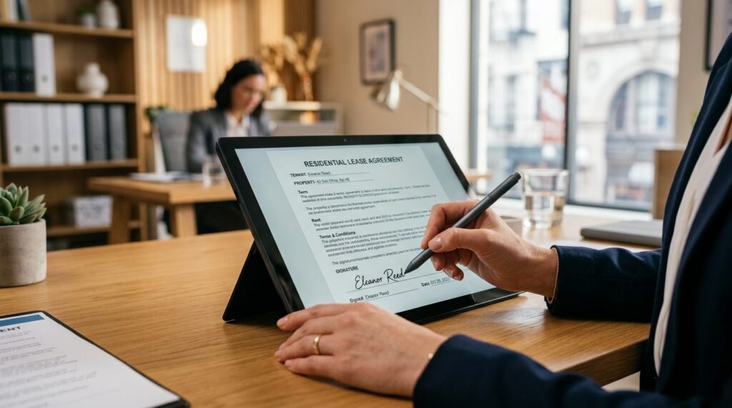 Close-up of hands completing digital signature on tablet dev