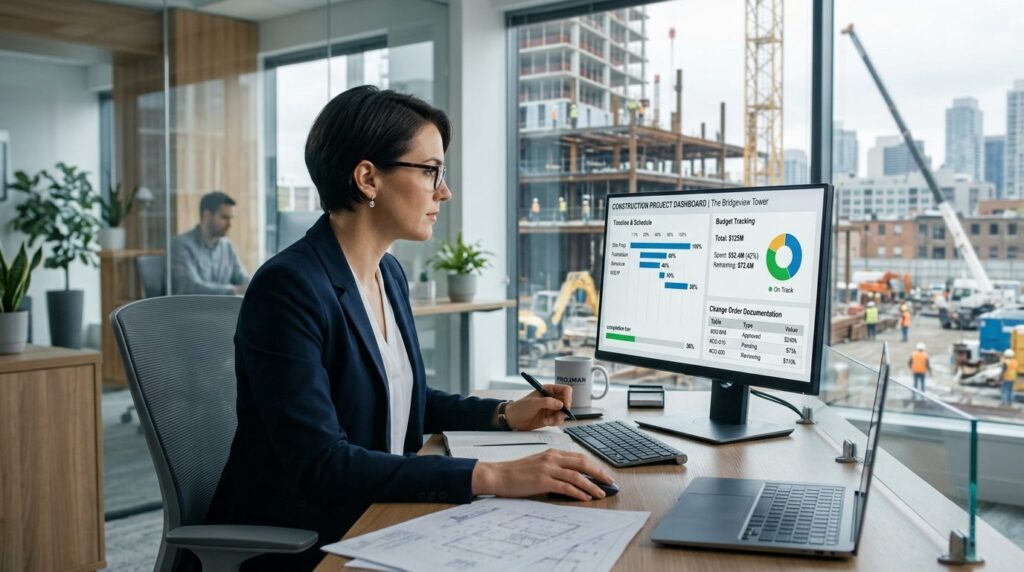 Business professional reviewing digital project management d