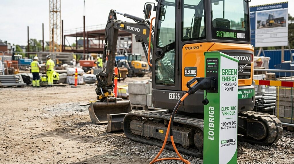 Close-up of an electric construction vehicle charging at a g