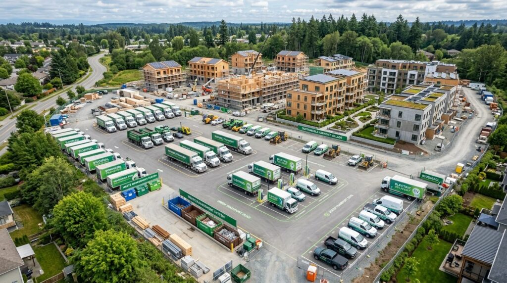 Aerial view of a residential construction site with a fleet 