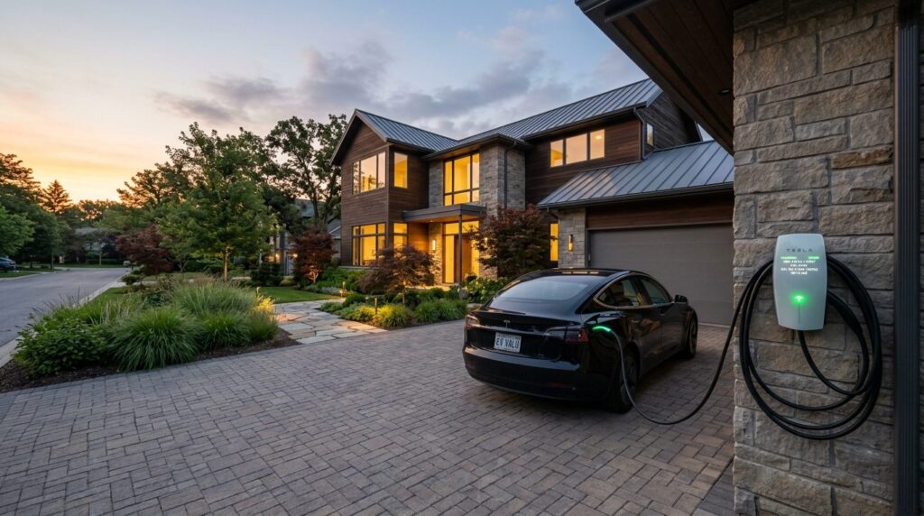 Wide-angle photograph of a residential charging station conn