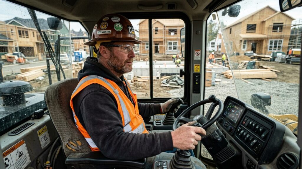 Close-up photorealistic view of heavy machinery operator in