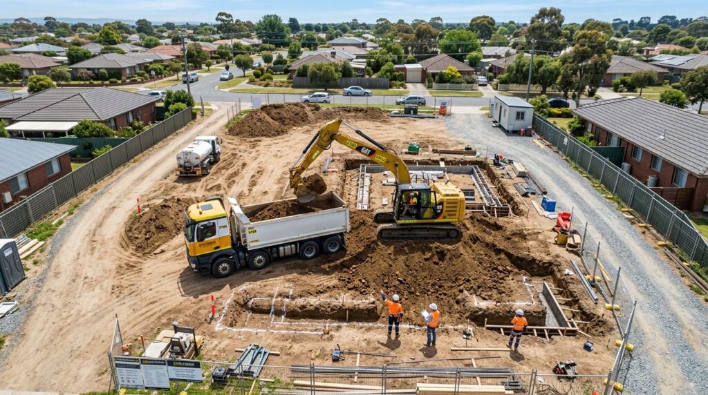 Overhead photorealistic construction site scene showing mult