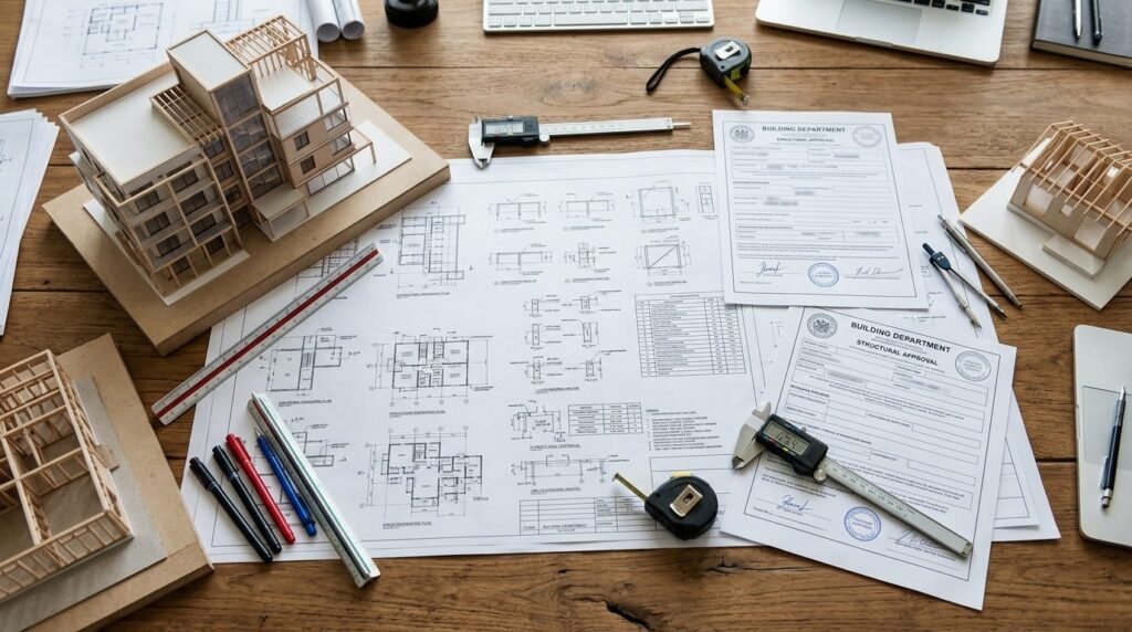 Detailed overhead view of structural engineering documents,