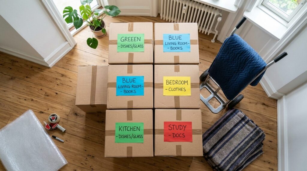 Close-up overhead view of organized moving boxes stacked pro