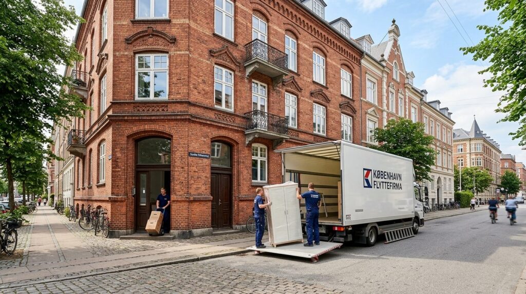 Wide-angle shot of a modern moving truck parked outside a be