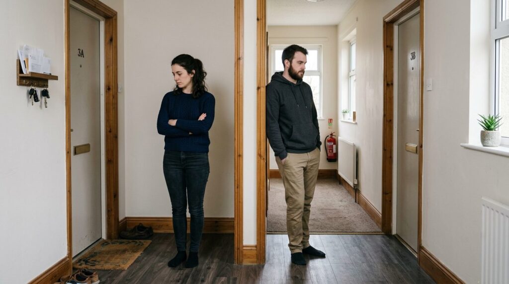 Photorealistic image of two people standing in a residential