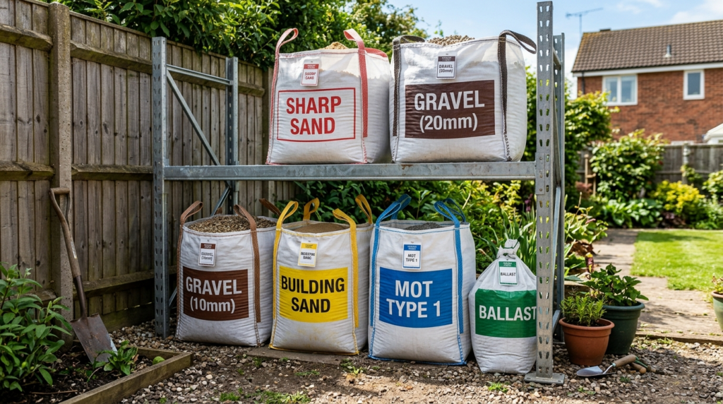 Close-up of labeled and organized construction material bigb