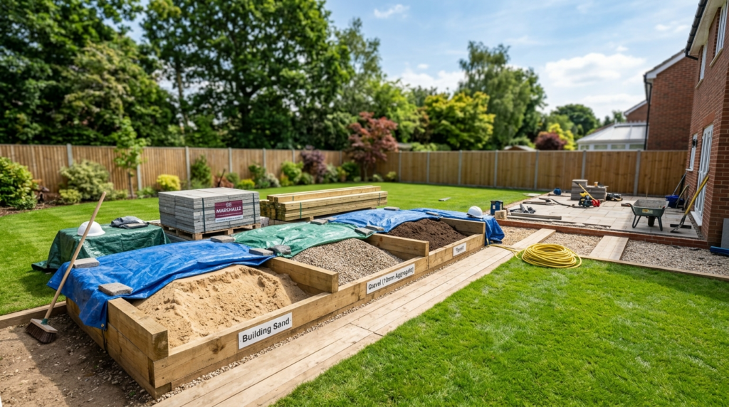 Wide angle view of residential garden renovation project wit