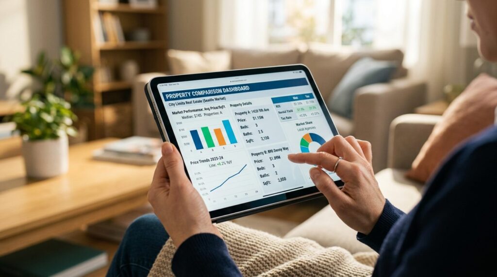 Close-up of hands holding tablet displaying real estate comp