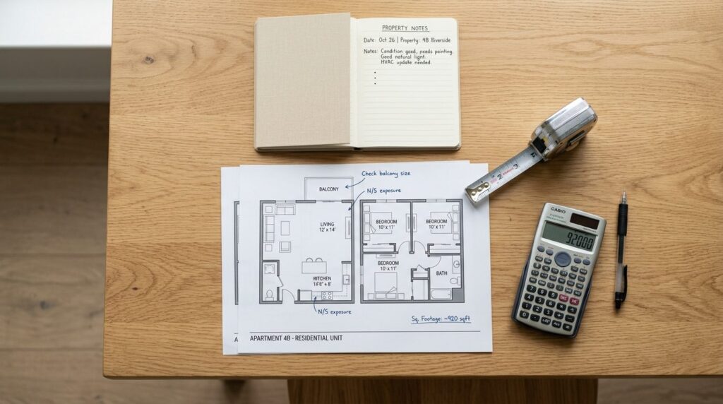 Overhead flat-lay composition of property research materials