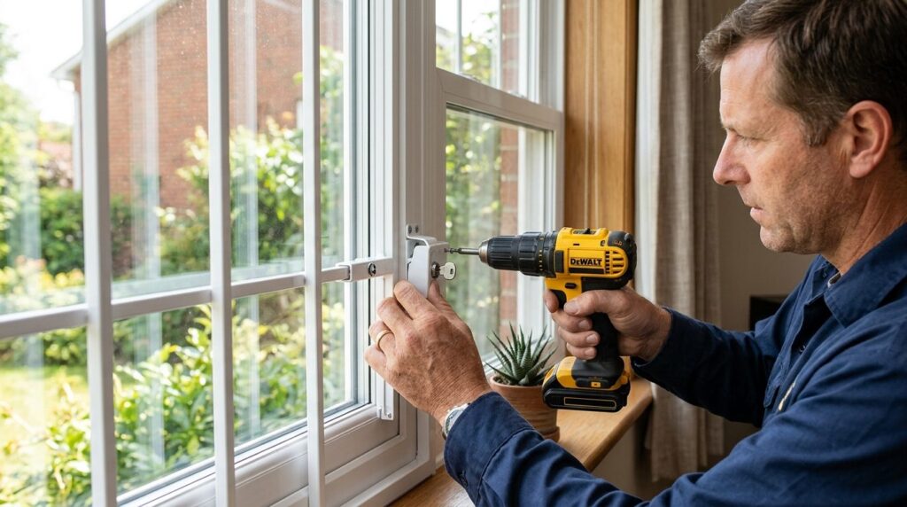 Close-up realistic photograph of a homeowner installing wind