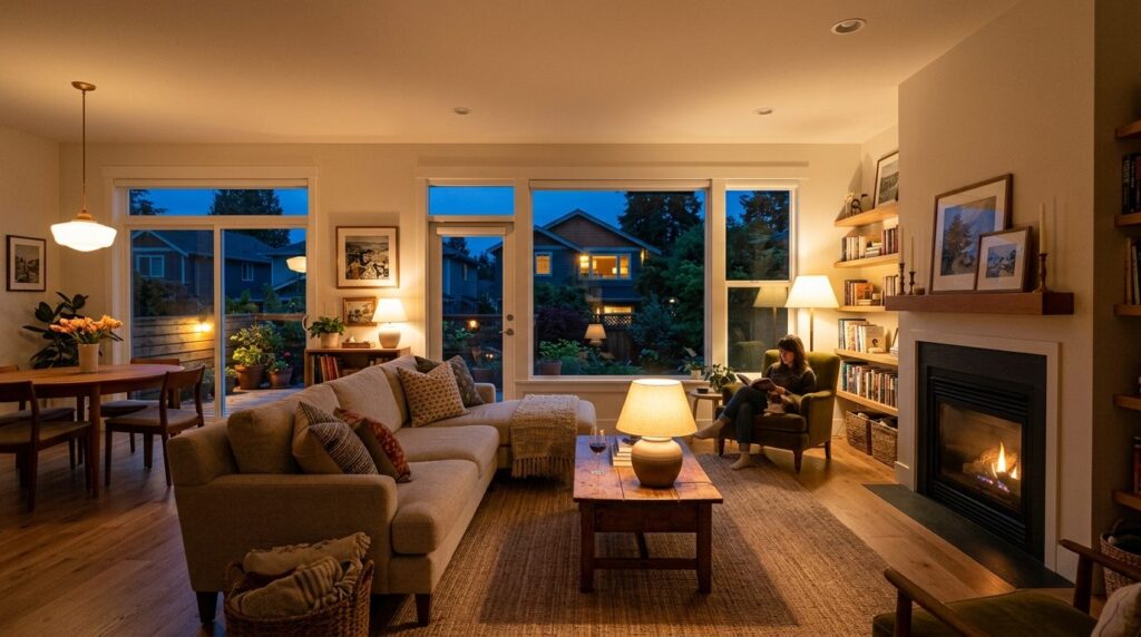 Wide angle photograph of a well-lit residential living room
