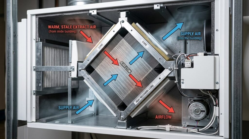 Close-up technical photograph of a heat recovery ventilation