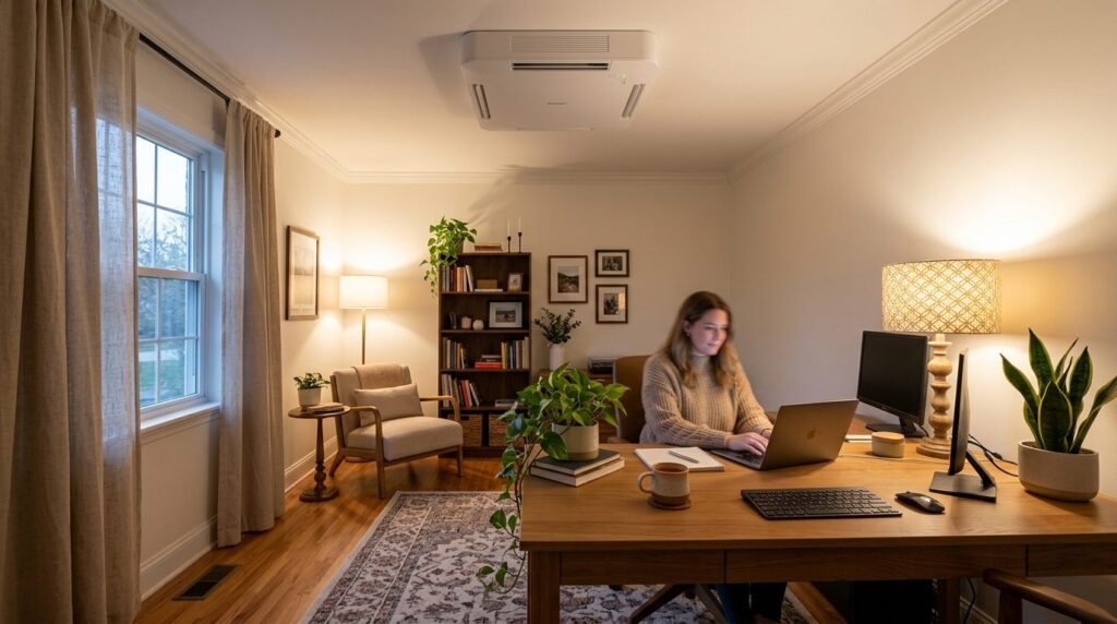 Wide shot of a cozy home office room with an energy-efficien