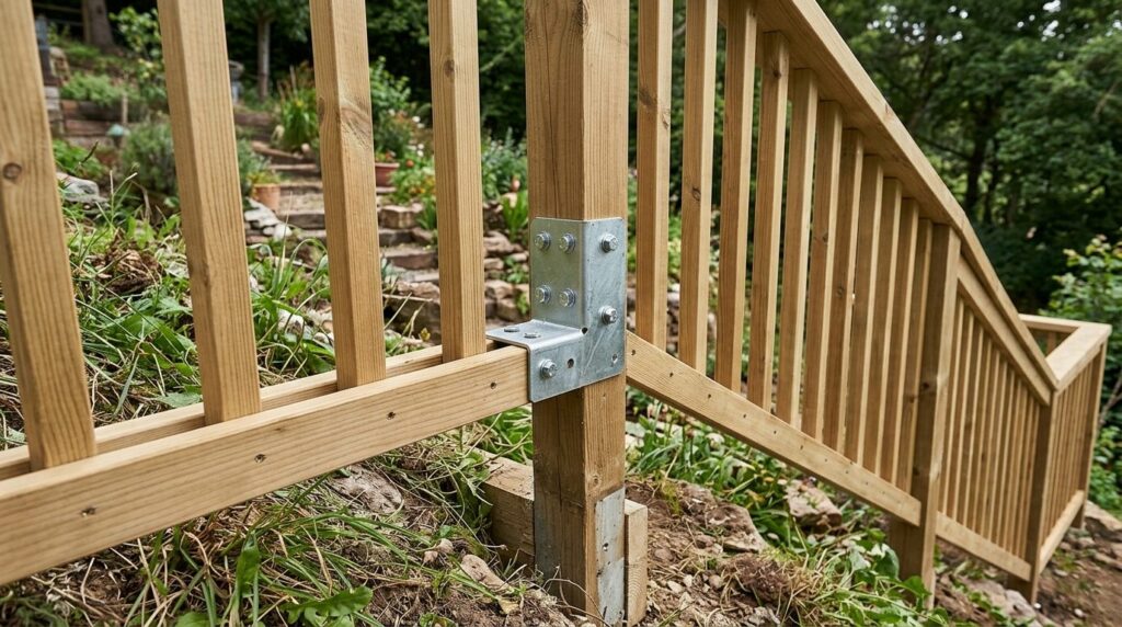 Close-up detailed view of wooden terrace railing installatio