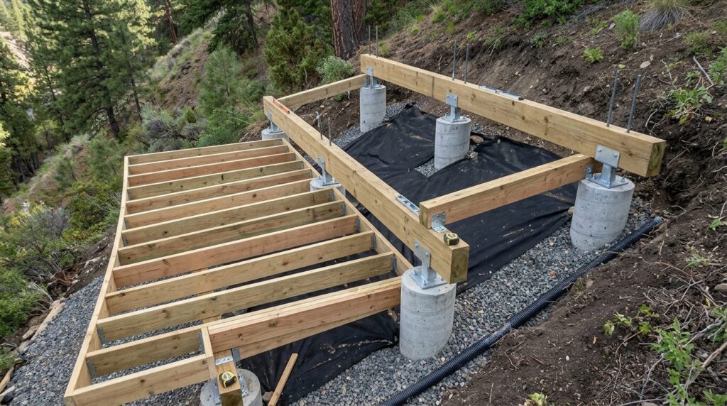 Overhead construction detail shot of wooden deck foundation