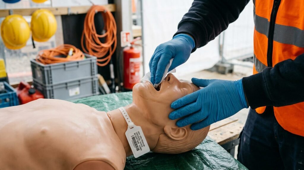 Close-up realistic photograph of hands wearing medical glove